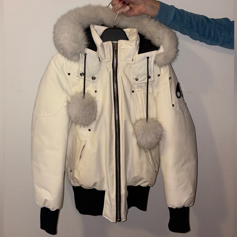 Moose Knuckles White Down Jacket with Fur Trim AUTHENTIC